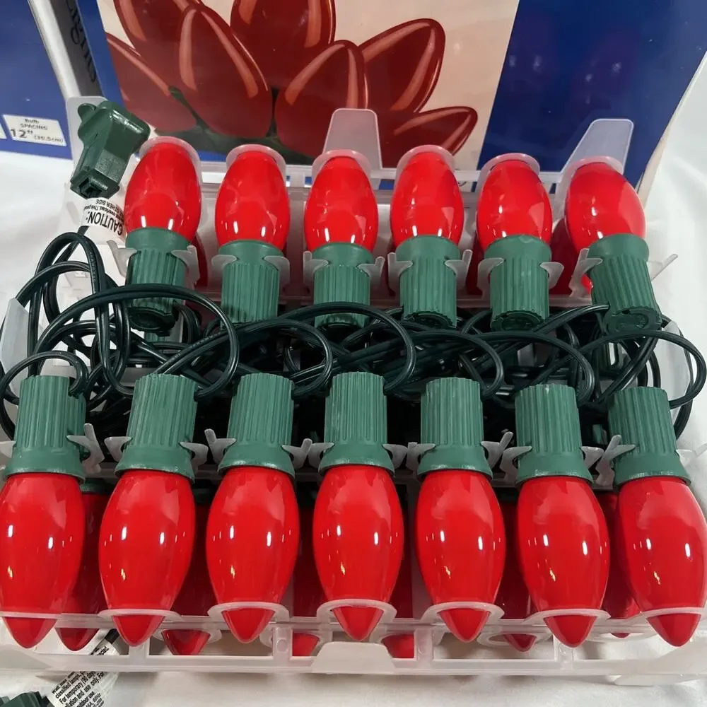 Vintage NEW C9 String Lights Green & Red Incandescent Ceramic Bulbs Ace Hardware